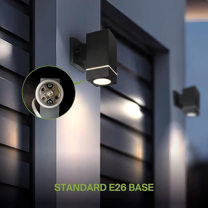 ASD 1 Light Square Outdoor Wall Light Fixture | 60W E26 Bulb Socket 120V ETL Cylinder Up Down Lights | LED/CFL/Incandescent Bulb Exterior Wall Sconce | Front Door, Porch Patio | Ringed Black, 2 Pack