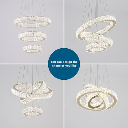 FRIXCHUR Dimmable Modern LED Chandelier 3 Ring Pendant Light Crystal Chandelier for Dining Room Living Room Bedroom,3 Colors Adjustable