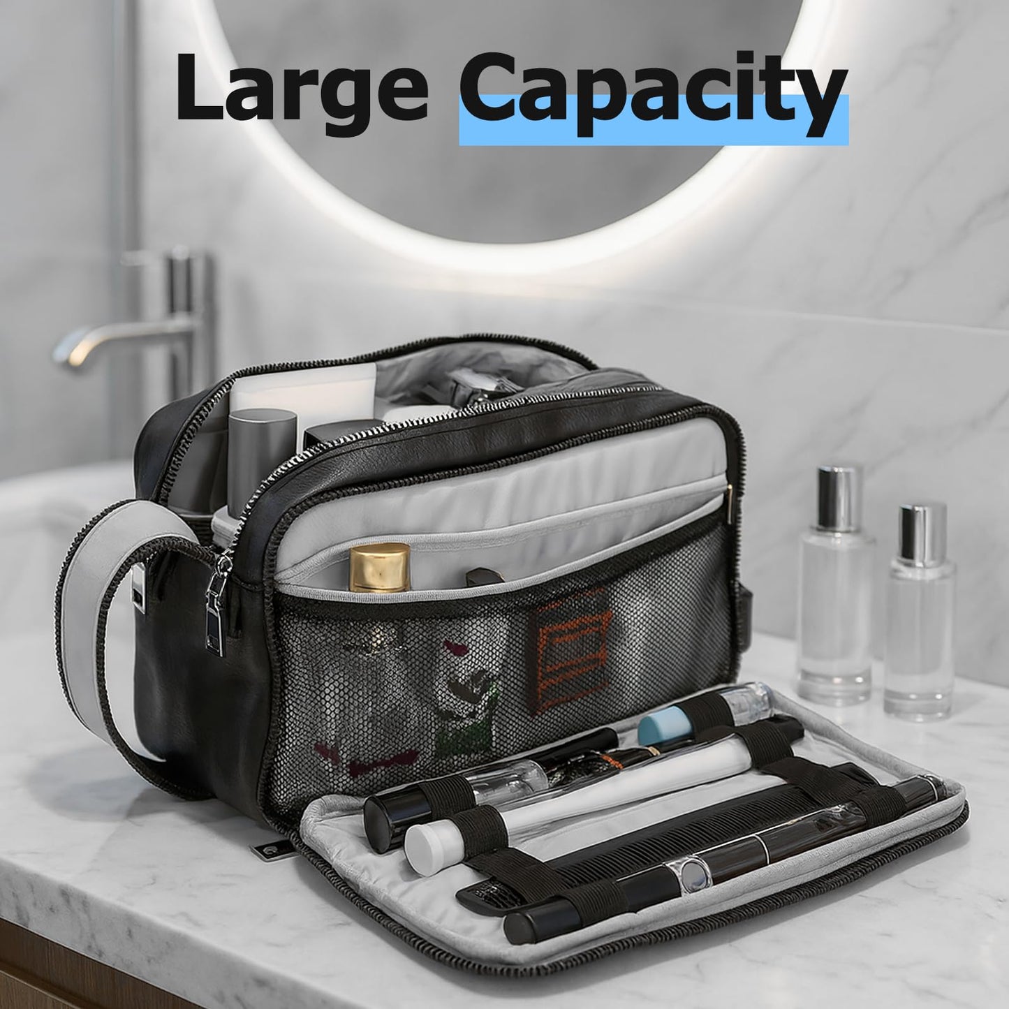 MIRASON Travel Toiletry Bag for Men Thickened Leather Travel Bag for Toiletries, Dopp Kit Water-resistant Shower Bag for Shaving Gym Bathroom Organizer Gifts for Men, Black