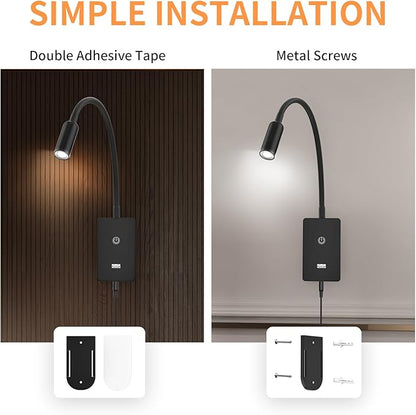 Touch Dimmable LED Wall Mount Bedside Spot Lamp, Black Flexible LED Wall Sconce Reading Light for Bedroom, 4 Brightness Levels (100%- 70%- 35%- 15%), Neutral White Lighting, 5V2A USB Output