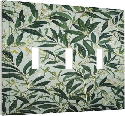Sage Eucalyptus Leaves Foliage Light Switch Covers 3 Gang Triple Toggle Wall Plate Decorative Switchplate Electrical Faceplate for Farmhouse Living Decor