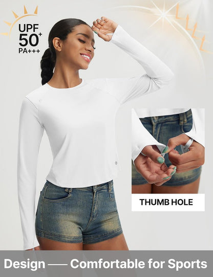baleaf Women's UPF 50+ Long Sleeve Sun Shirts Crop Rash Guard UV Workout Tops SPF Slim Fit Lightweight Athletic Hiking White XS