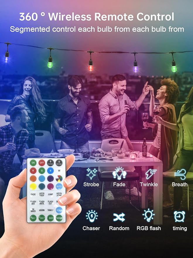 Commercial Grade 96FT LED Outdoor String Lights with Remote Control - Shatterproof Waterproof Color Changing Christmas Lights, Dimmable for Patio, Garden, Wedding Decor