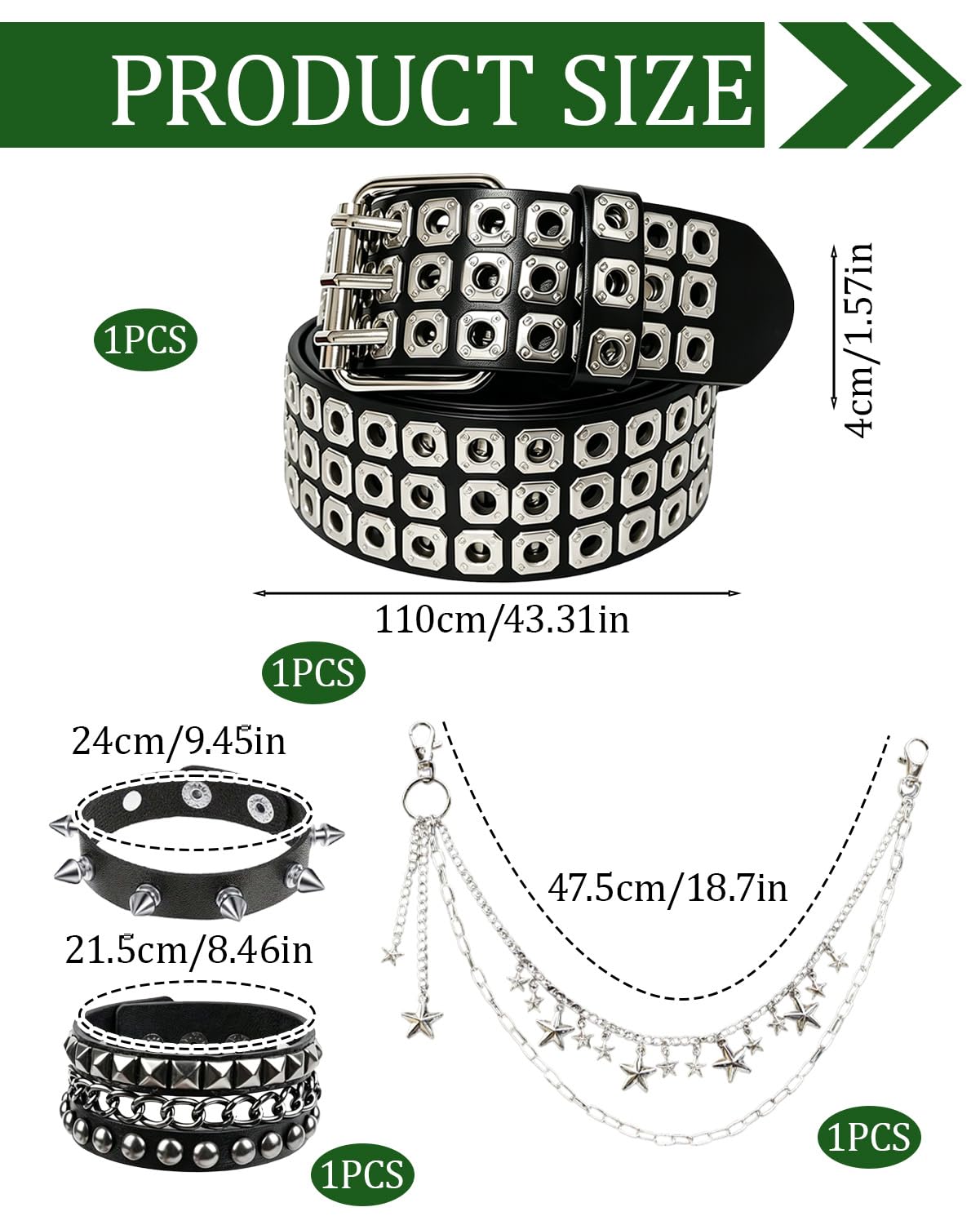 KRLBZER Studded Belt Y2K Spiked Chain and Riveted Leather Punk Goth Belts for Punk Rock Fashion Gothic Style Waistband (4Pcs)
