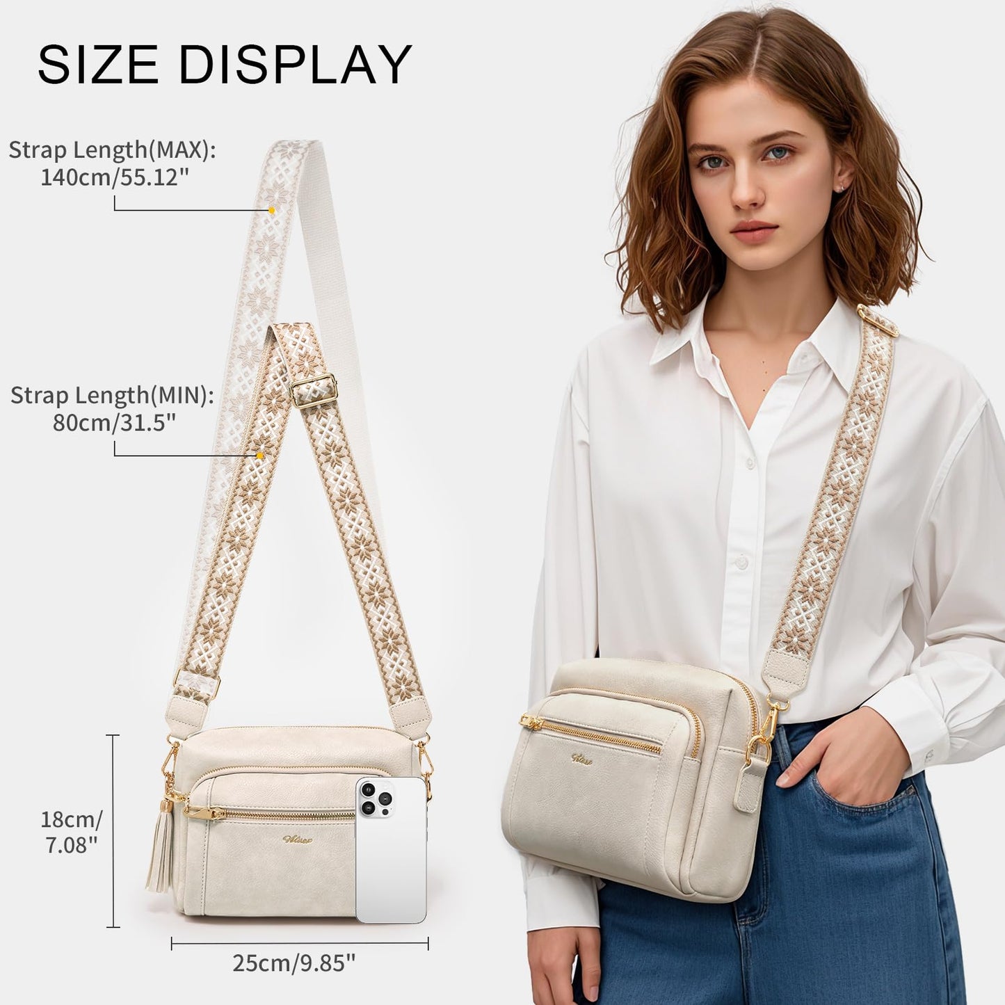 HILAEX Small Leather Crossbody Bags for Women Anti theft Purses and Handbag Shoulder Hangbag with Wide Strap Tassel Beige