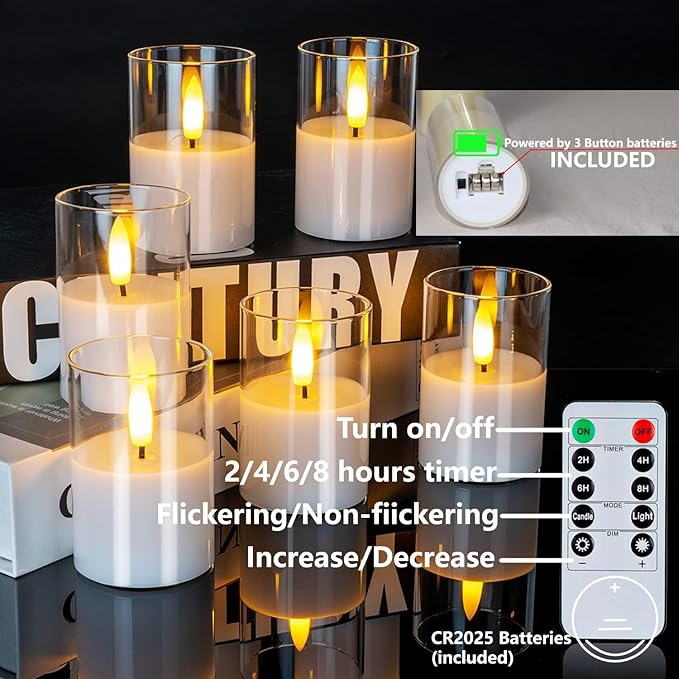 6 Pack Acrylic Flickering Flameless Candles with Remote, 2"X4" Candles Battery Operated, Flickering LED Warm Glow Tealight for Home Decor, with 4 Timers 100+Hours + 2 Lighting Modes, Included Battery