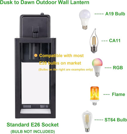 LIT-PaTH Dusk to Dawn Outdoor Wall Lantern, Wall Sconce as Porch Lighting Fixture, E26 Medium Base Max 60W, Anti-Rust Metal with Glass Shade, Black, 1-Pack