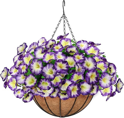 Artificial Hanging Flowers Basket, Fake Plants, Faux Silk Petunias Eucalyptus, for Spring Summer Outdoor Decoration, UV Resistant, Coconut Planter wtih Morning Glories, for Patio Garden Decor (Purple)