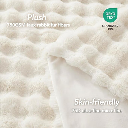 L'AGRATY Faux Fur Throw Blanket: 60" x 80" Luxury Soft Fluffy Thick Rabbit Fur Blankets for Twin Bed Couch - Cozy Plush Bubble Blankets for Winter: Warm Flannel Fleece Decorative Blanket(Cream White)