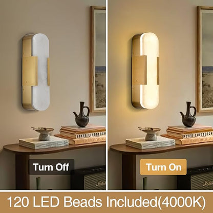 13.8 inch Alabaster Wall Sconces Set of Two, Natural Marble Wall Lighting, Brass Bedside Wall Lamp, Indoor Vanity Light Fixtures for Hallway,Bathroom Living Room (Including LED)