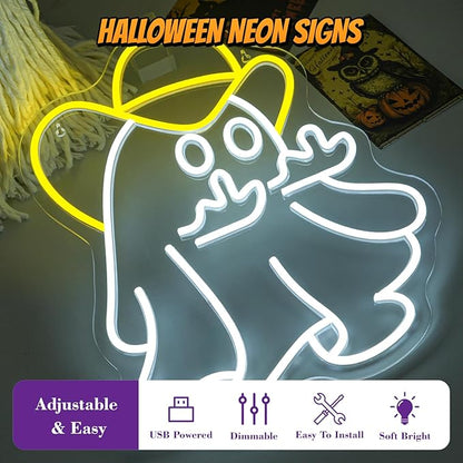 WX&YH Cowboy Ghost Giving The Finger Neon Sign Halloween Neon Signs for Wall Decor Spooky LED Lights for Porch Man Cave Room Bar Halloween Bash Unique Gift for Friends Halloween Nights