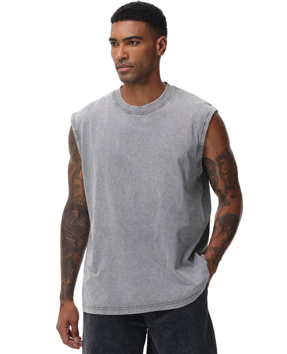 SnowElve 3 Pack Mens Workout Tank Tops Sleeveless Tee Shirts Men Muscle Shirt Gym Acid Wash T Shirts Running Beach Loose Fit Tee(CFGYBK,L)
