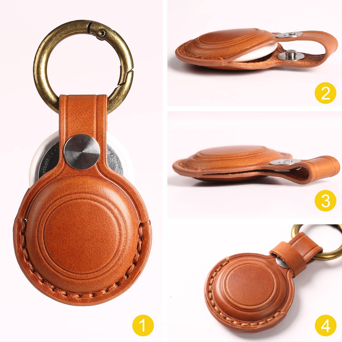 KEEPXYZ Genuine Leather Keychain Holder Compatible with Airtag 2nd & 1st Gen, Secure for Air Tag Keychain Holder Case Cover Key Chain Ring Accessories - Brown V1.0