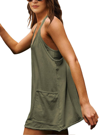 Faleave Women's Summer Sleeveless Mini Dress Athletic Dress Spaghetti Strap Short Tennis Dress with Pockets(ArmyGreen-XS)