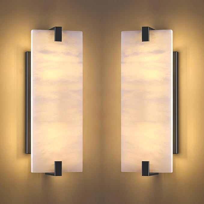 2 Pack 2 Light Square 14.7" Alabaster Marble Bathroom Wall Sconce Modern Concise Style Wall Light Fixture,Dark Gray Finish for Bedroom Hallway Bedside