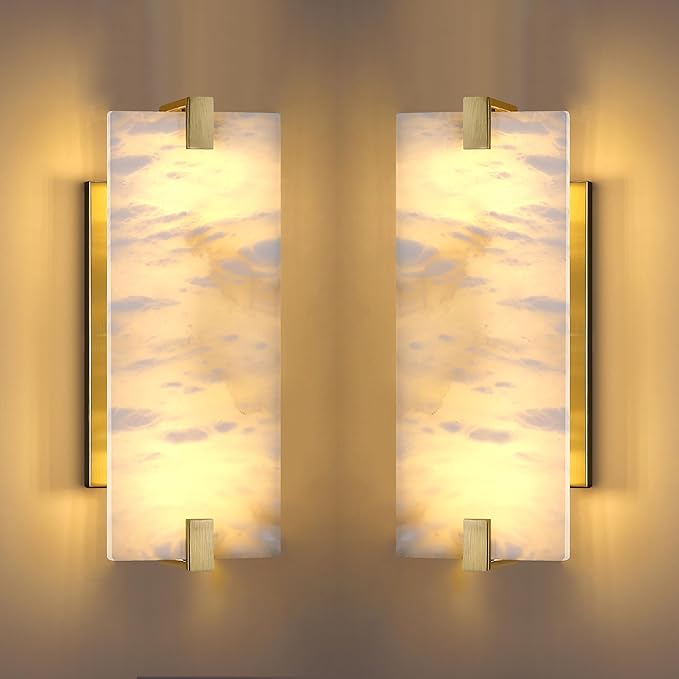 2 Pack 2 Light Square 12.75" Alabaster Marble Bathroom Wall Sconce Modern Concise Style Wall Light Fixture,Gold Finish for Bedroom Hallway Bedside