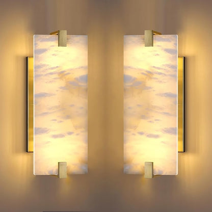 2 Pack 2 Light Square 12.75" Alabaster Marble Bathroom Wall Sconce Modern Concise Style Wall Light Fixture,Gold Finish for Bedroom Hallway Bedside
