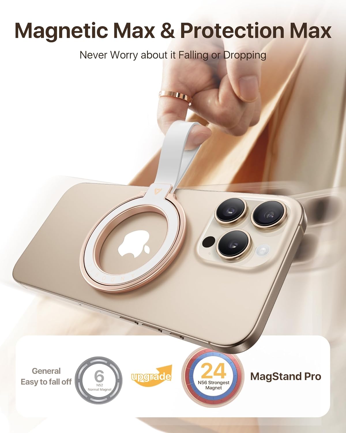 andobil [2025 Unrivaled Stability] Magnetic Phone Grip Holder for MagSafe Ring Stand Holder Kickstand Compatible with MagSafe Accessories for iPhone 17 Air 16 Pro Max Plus 15/14/13/12&Android,Rosegold