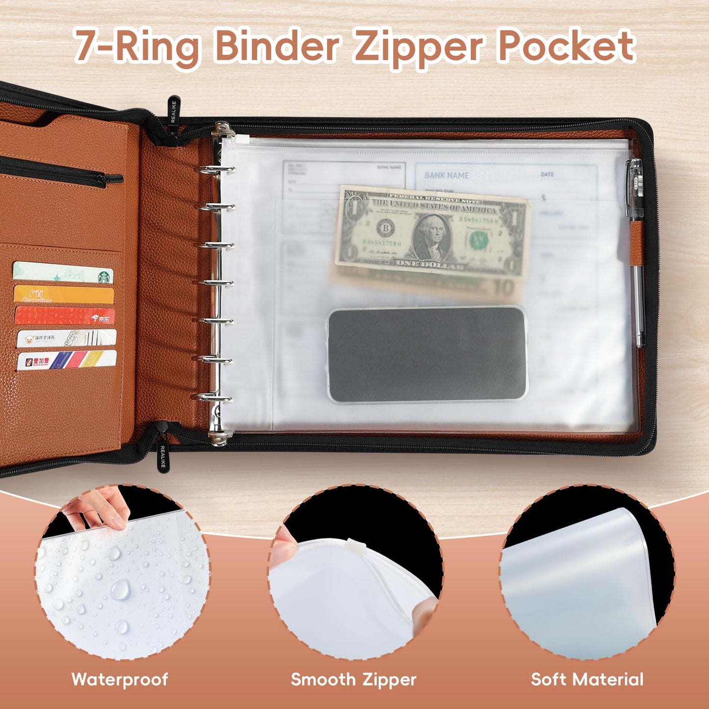 REALIKE Zippered Business Checkbook Binder for Business Checks, 7 Ring Check Binder for 9x13 Sheets,600 Checks Capacity, PU Leather Portfolio with Zipper Pouch & Storage Organizer