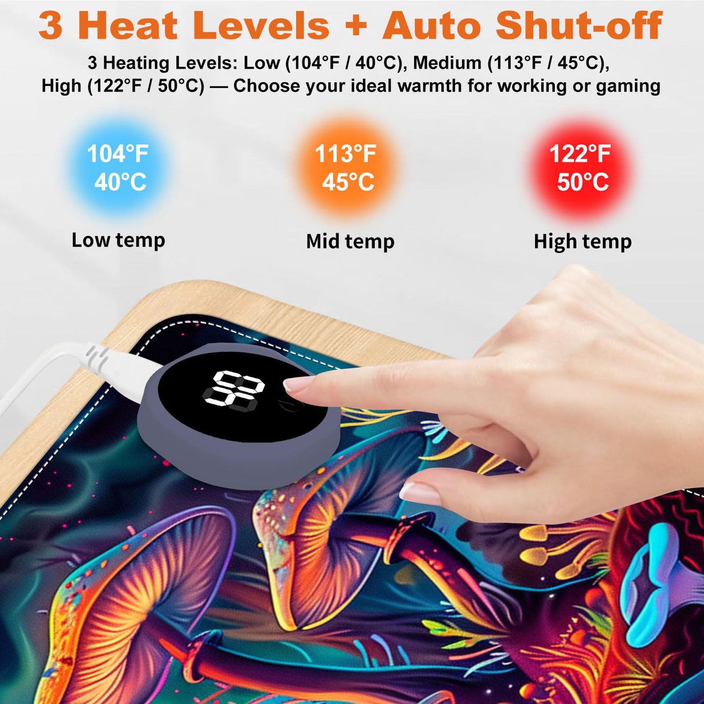 Heated Mouse Pad for Desk 31.5" x 13" – PU Leather Warm Desk Pad with 3 Heat Levels (104°F/113°F/122°F), Plug-in Electric Heating Mat with Auto Shut-Off, Waterproof & Rollable, Mushrooms