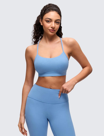 CRZ YOGA Butterluxe Y Back Sports Bras for Women - Padded Racerback Low Impact Spaghetti Thin Strap Workout Yoga Top Party Blue Large