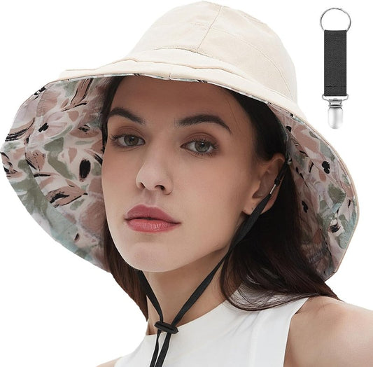 Womens Sun Hats - Wide Brim Reversible Bucket Hat for Summer Travel | UV Protection, Packable Cotton