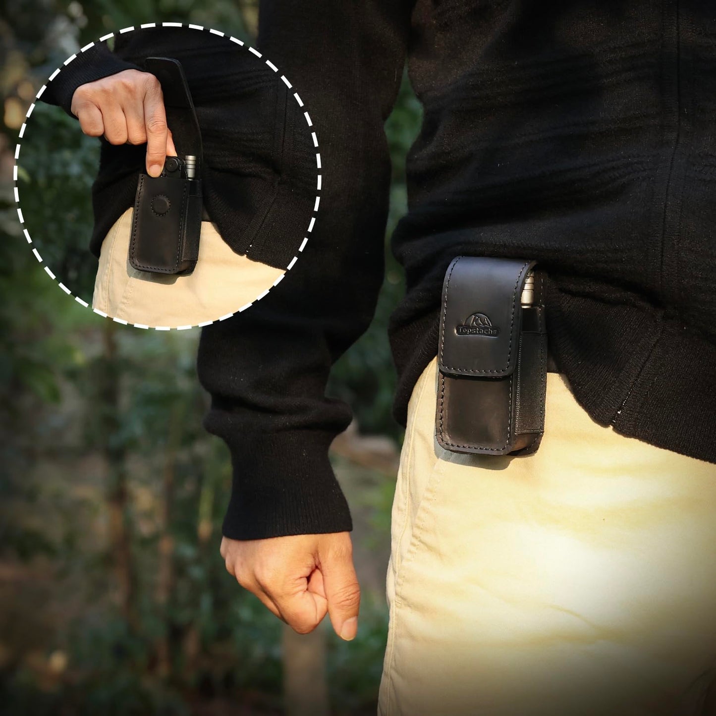 Topstache Leather Multitool Sheath - Multitool Holster for Belt - Pocket Organizer for Work - Multi Tool Holder for Leatherman, Gerber, SOG - Magnetic Closure EDC Belt Pouch, M, Black
