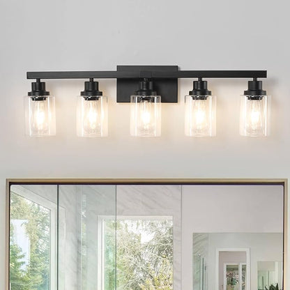 5-Light Black Bathroom Vanity Light, Modern Vanity Lighting Fixture for Bathroom, 31" Matte Light Fixture, Wall Sconces with Clear Glass Shade, Black Bathroom Wall Light Over Mirror