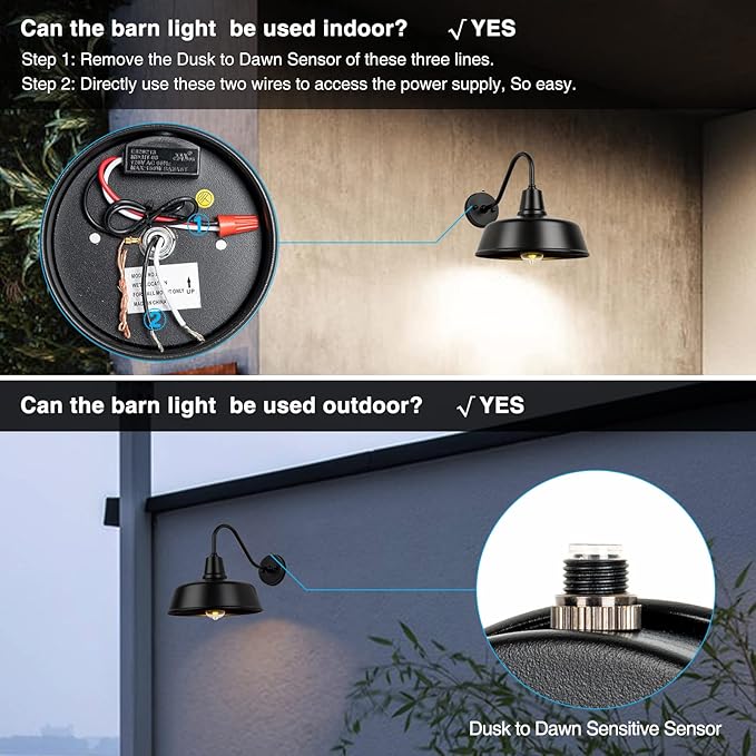 Gooseneck Barn-Lights Outdoor Fixture - 12.6 inch Farm Style Black Large Lighting Farmhouse Exterior Sconce Wall Light for House, Dusk to Dawn Sensor Front Door Porch Garage (12.6 inch)