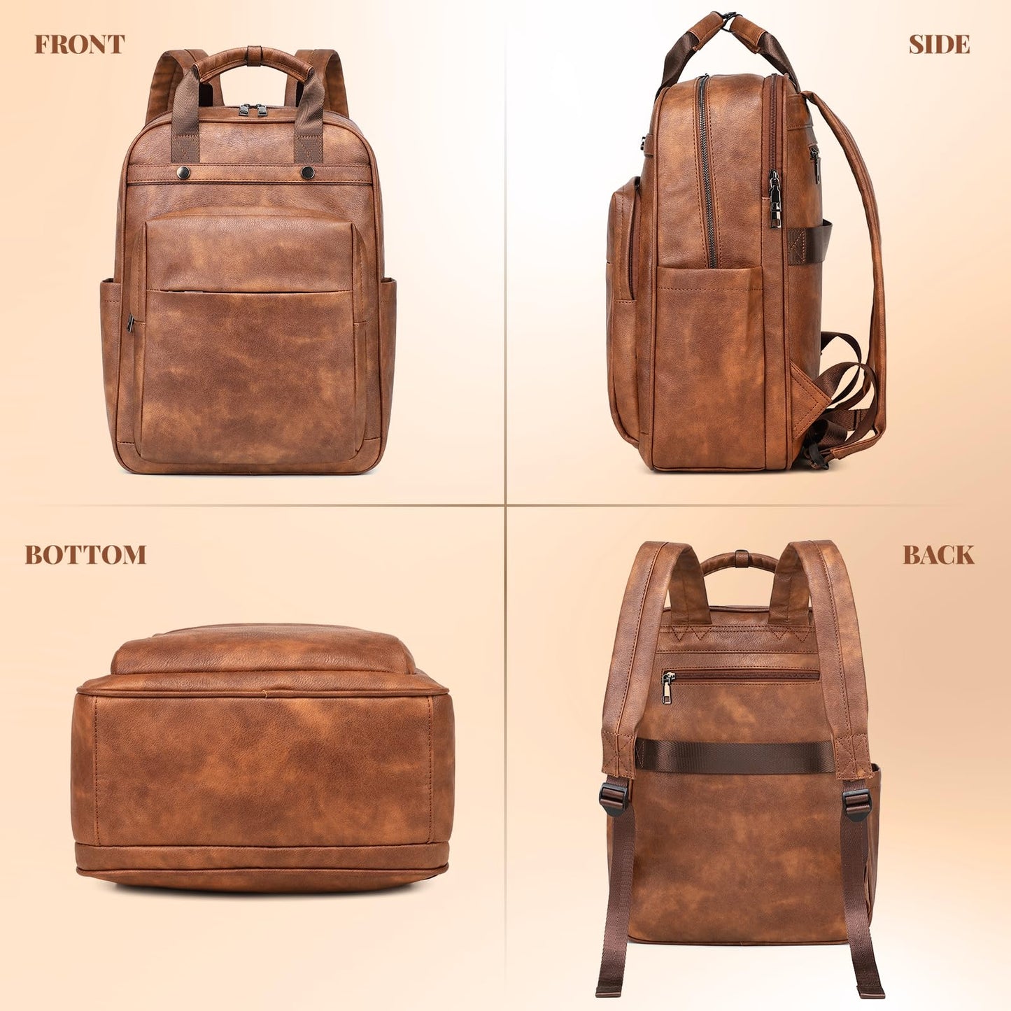 Rcrirth PU Leather Laptop Backpack Women for Travel | 17 Inch Laptop Bag for Women - Large Capacity Teacher Nurse Computer Bag for Work College School (Brown)