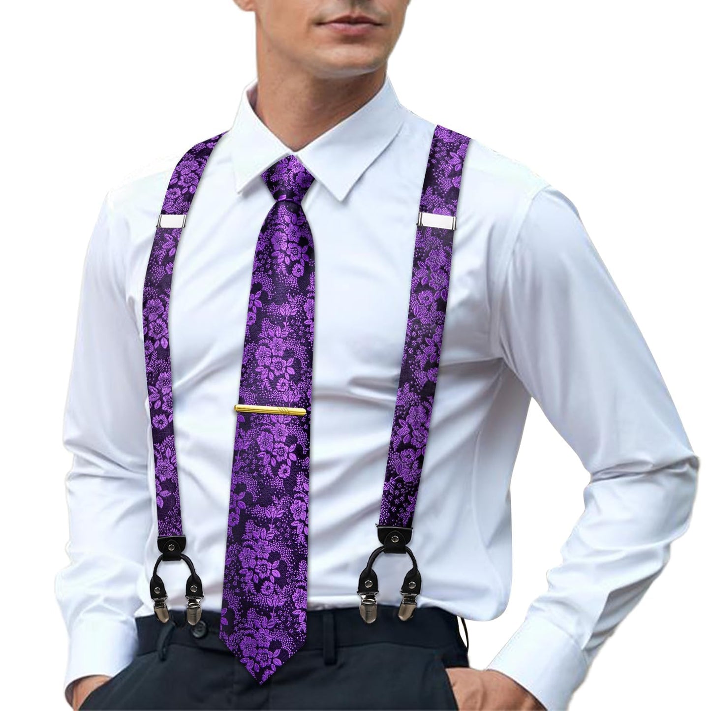 Hi-Tie Mardi Gras Purple and Black Silk Suspenders for Men Tie Set Jacquard Floral Adjustable Elastic Y Braces with Strong 6 Clips Pocket Square Set Wedding Party
