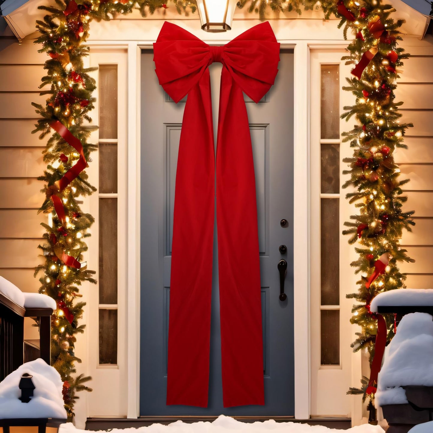 Knitgrip 1 Pack Extra Large Christmas Front Door Bow Decorations 27 x 78 Inch Red Giant Velvet Christmas Tree Topper Bow with Long Streamers Wreath Wall Decor for Home Xmas Room Holiday Porch