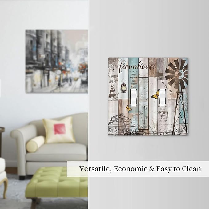 Rustic Western Farmhouse Windmill 2 Gang Light Switch Plate Cover Vintage Barn Wooden Plank Inspirational Quote Double Toggle Wall Plate Decorative Switchplate Electrical Faceplate
