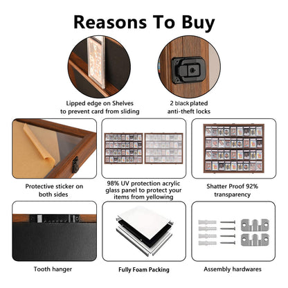 VERANI Baseball Card Display Case - 36 Graded Sports Card Display Frame - Holds Sport Cards with UV Protection Clear View Lockable Wall Cabinet for Football Basketball Hockey Trading Card, Walnut