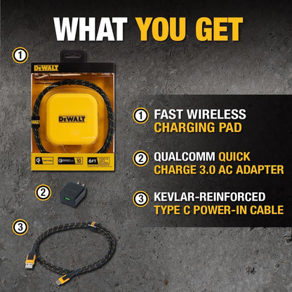 DEWALT Heavy Duty Wireless Charger, 10W Max Fast Wireless Charging Pad Compatible with iPhone 16/15/14/13/12/11/X/8 Pro Max Plus, Samsung Galaxy S22/S21, AirPods (Type C Cable & AC Adapter Included)