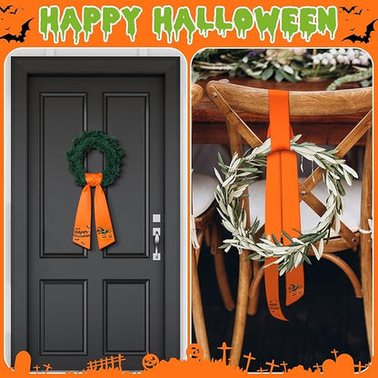 Wreath Sash for Front Door Wreath Satin Sash Blank Sashes Embroidery Monogram Yard Doorway Indoor Outdoor Wall Ribbon Bow Home Decor(Orange,Halloween Style)