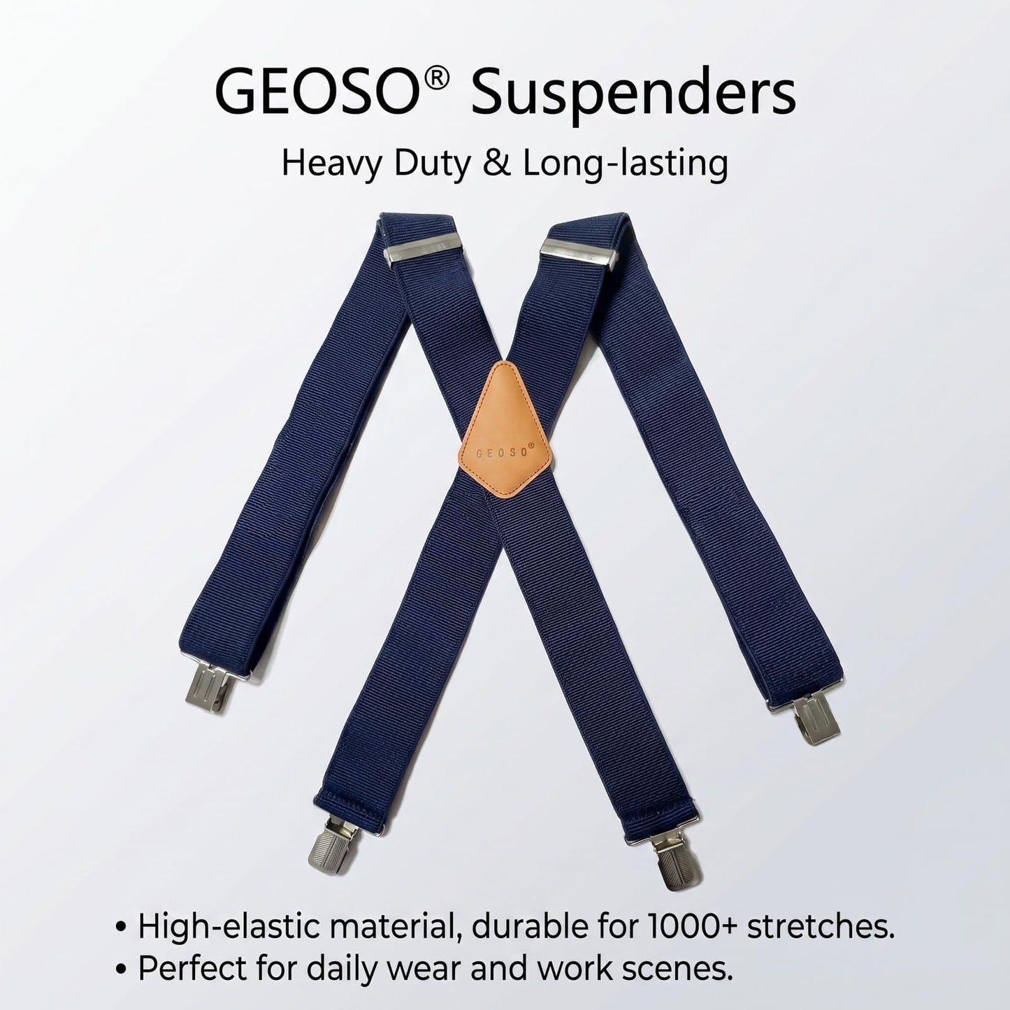 GEOSO Work Suspender, 2-Inch Wide Elastic Clip-on Suspenders for Men, Heavy-Duty Pants Suspender Blue