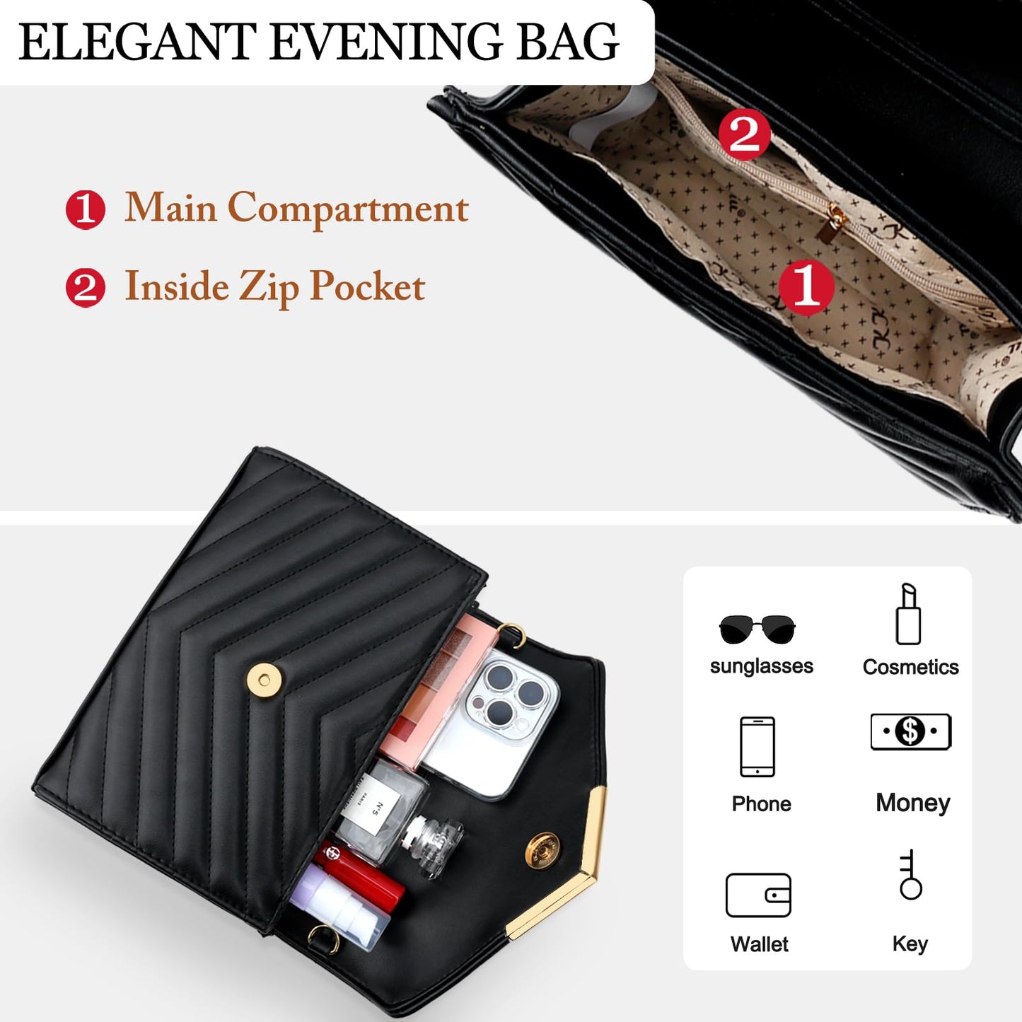 KKXIU Women Formal Vegan Leather Evening Envelope Clutch Purses and Handbags for Party Wedding Prom Bridal (A-Black)