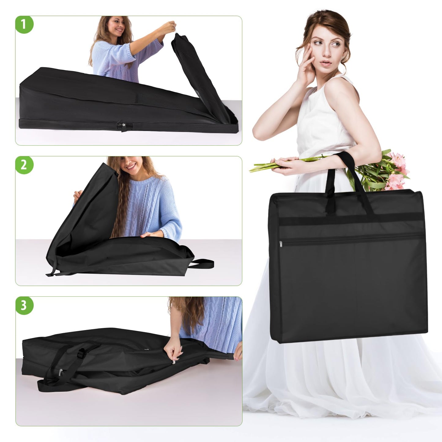 KEEGH Wedding Dress Garment Bag, 72” Tri-fold Bridal Dress Bags for Gowns, With Accessory Pockets and Adjustable Buckle Dress Cover for Wedding/Prom/Travel/Closet Storage (Black)