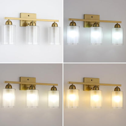 Stainless Steel Bathroom Vanity Light Over Mirror, 3 Light Brushed Gold Bathroom Light Fixtures with Milk Glass and Clear Glass Shades, Modern Vanity Lighting Wall Mount