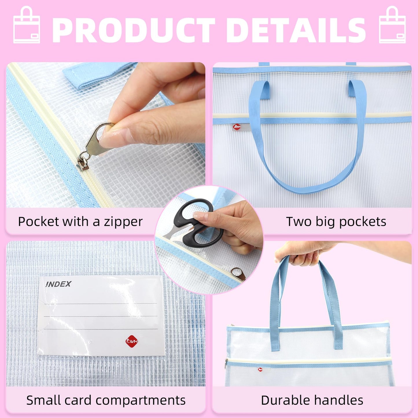 kuchisity 10 Pcs Sew Project Bags 16.5 x 16.5 Inch Back to School Quilting Craft Organizer Storage Bags with Handle and Pocket Jumbo See-Through Mesh Zipper Bags for Quilting, Knitting, Stitching