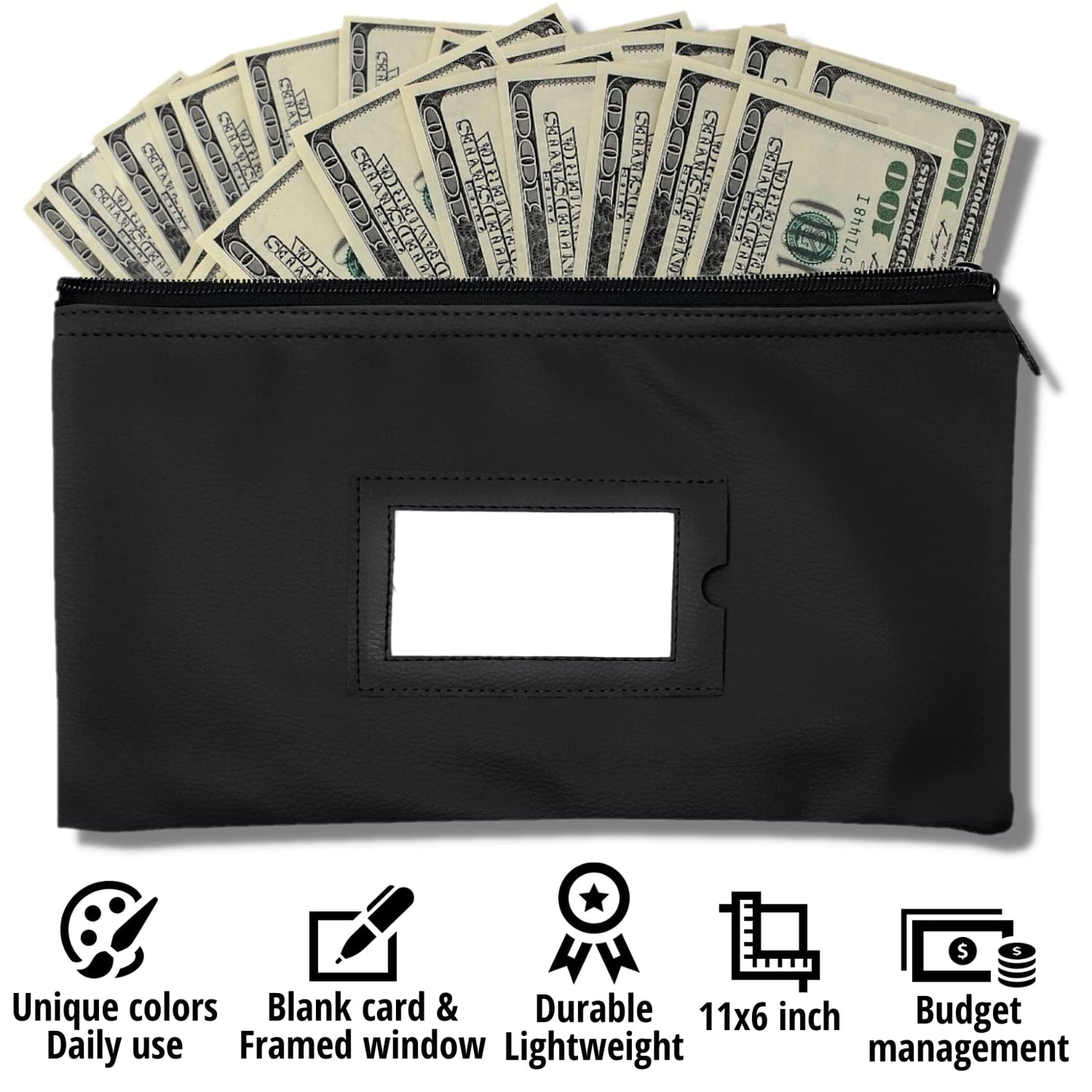 GIDABRAND Money Bank Deposit Bag with zipper | 11x6 inch | Black | Durable Leatherette Money Cash Coin Check Wallet Pouch for Men & Women with Framed ID Window and Blank Card (3)