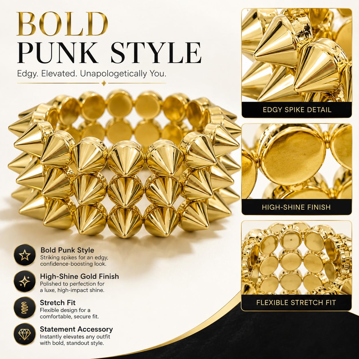 Embtrem Gold Studded Spike Bracelet for Women, Punk Bracelets Wide Stretch Cuff, Gothic Studded Bracelet, Y2K Statement Street Style Jewelry for Festival Party Outfit
