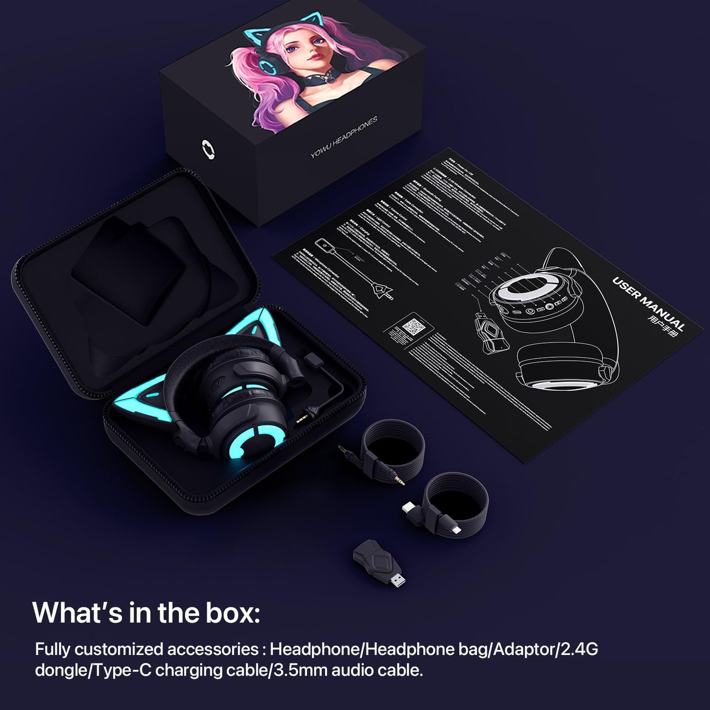 YOWU Cat Ear Headphones 4GS - RGB Gaming Headset with Mic & 2.4G USB/Type C Dongle for PC/PS4/PS5/XBOX/Switch, Wired/Wireless Bluetooth Headphones(Black)