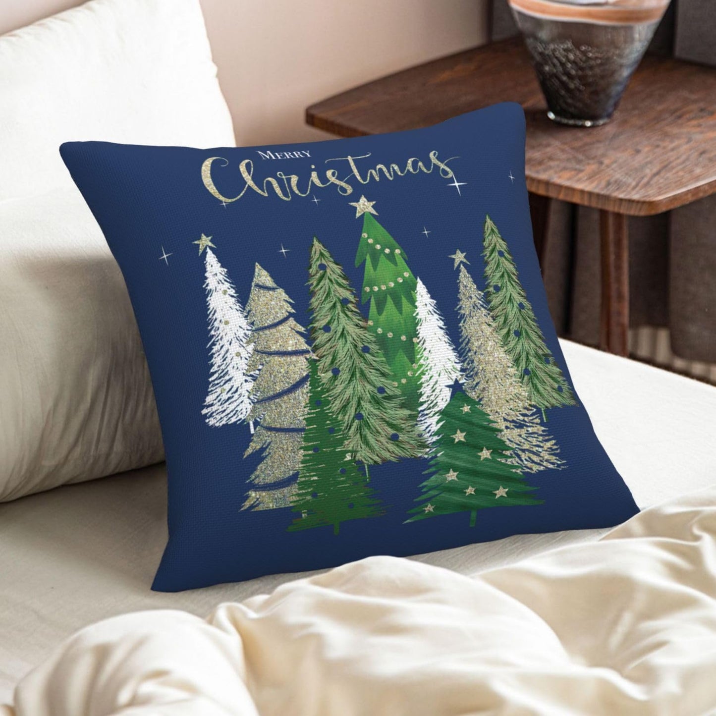 AELUTYSH Blue Christmas Pillow Covers 18x18 Inch Set of 2, Christmas Tree Gold Star Decorative Throw Pillows Winter Pillow Case Holiday Christmas Decor Cushion Cover for Home Sofa Couch