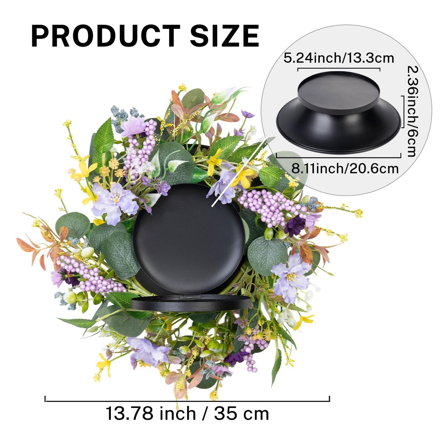 MOYEE Summer Centerpieces for Tables Candle Ring, Black Metal Candlestick with an Artificial Wreaths 14 in Versatile Dining Table Centrepiece (Purple Foam Flower Wreath)