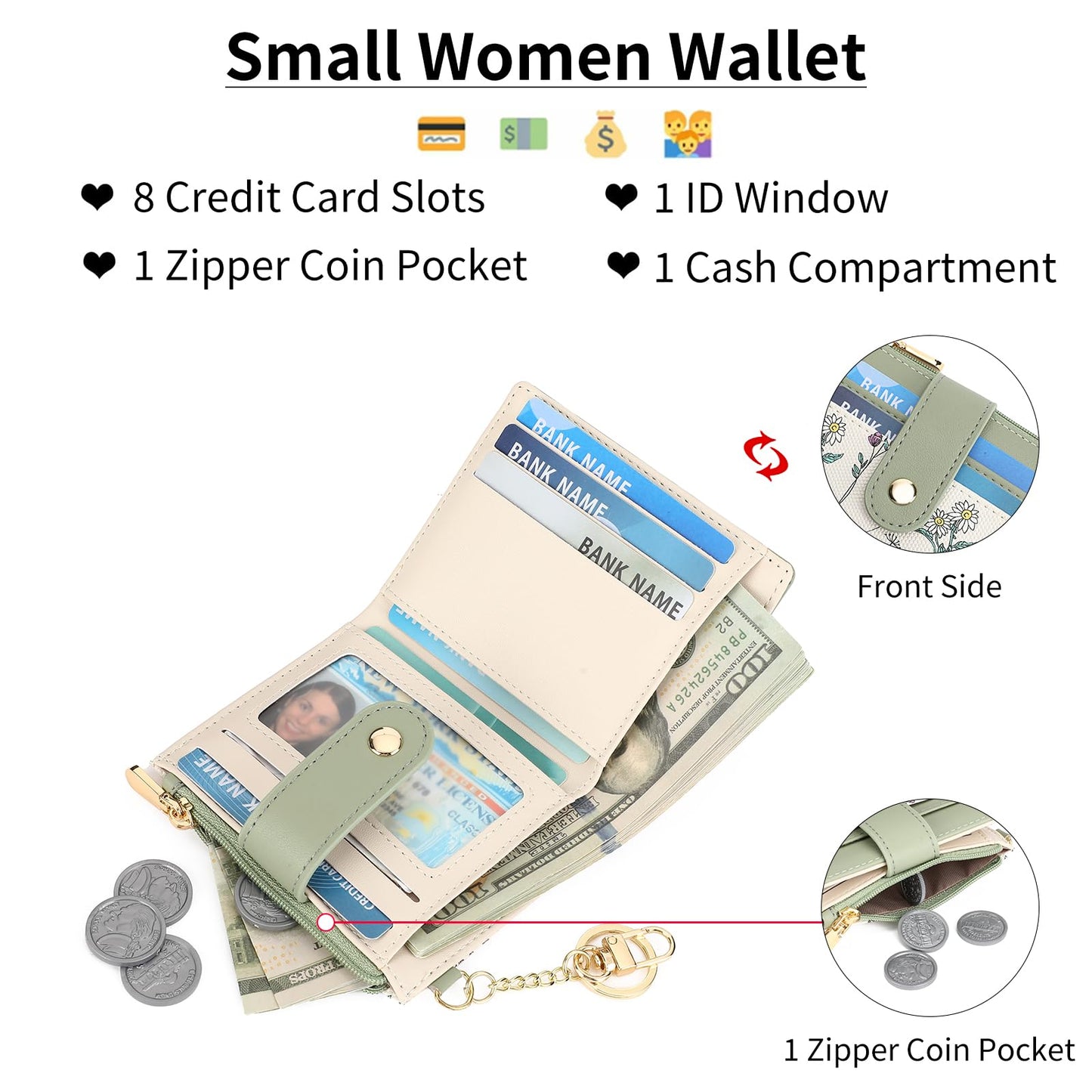 GAEKEAO Small Wallet for Women RFID Blocking Slim Bifold Floral Leather Card Holder with Zipper Pocket ID Window