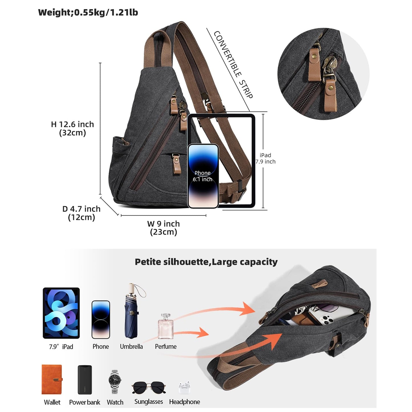 KL928 Canvas Sling Bag - Small Crossbody Backpack Shoulder Casual Daypack Rucksack for Men Women(Small Version, Black)