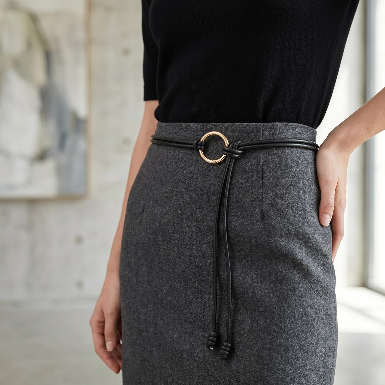 BAOKELAN Women Skinny Thin Belts PU Leather Knotted Waist Belt for Dresses Black A 130CM