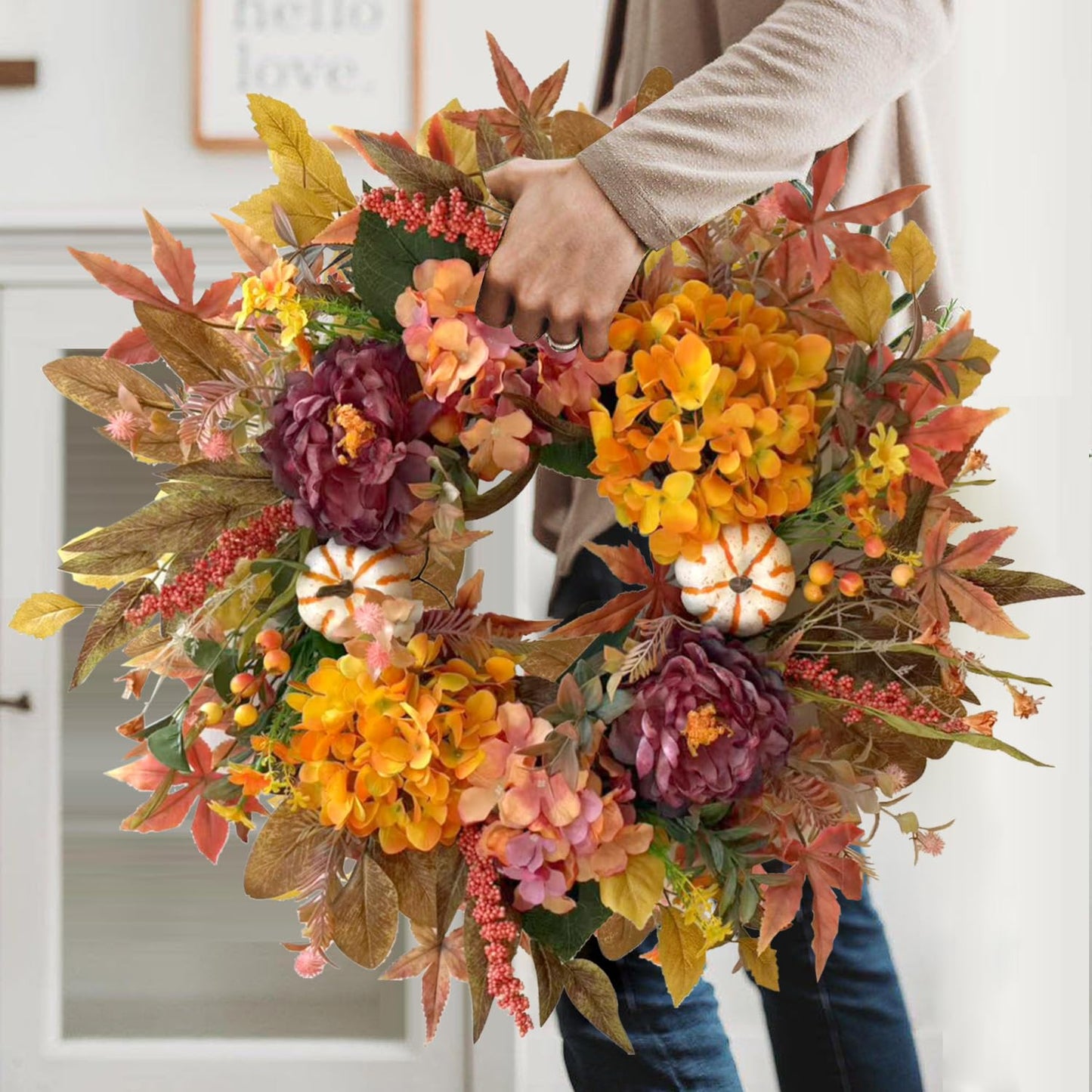 WANNA-CUL 24 Inch Fall Harvest Front Door Wreath Autumn Thanksgiving Decor